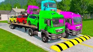 Double Flatbed Trailer Truck vs Speedbumps Train vs Cars | Tractor vs Train Beamng.Drive 7