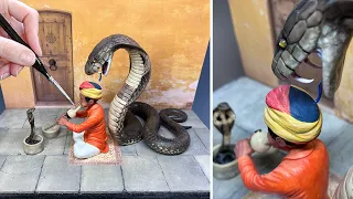 MONSTER KING COBRA and the Snake Charmer! Diorama, Polymer Clay