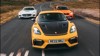 New Porsche Cayman GT4 RS meets hardcore heroes : Mercedes AMG SLS Black Series and BMW M3 GTS