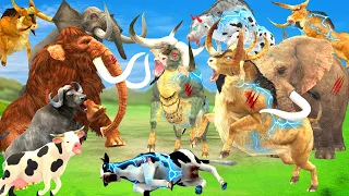 3 Zombie Bulls Vs 3 Zombie Cows 3 Zombie Buffalos Fight Cow Cartoon Elephant Save by Woolly Mammoth