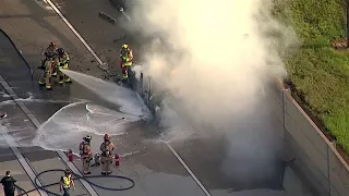 Car fire shuts express lanes near Roswell Road in Cobb County: Aerials