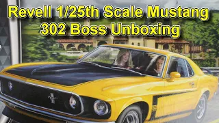 Revell 1/25th 69 Ford Mustang Boss 302 Unboxing And Review Of The Scale Model Plastic Car Kit