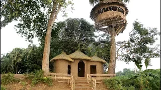 Build An Amazing Primitive Mud House Attaching 3 Tiled Roof Hut -  Making Round Hut Under Tree House