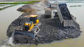 Special Action Building Road on Lake Mighty Power Bulldozer, Dump Truck Push, Moving Rock into Water