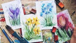 PRIMARY FLOWERS | Watercolor cards for March 8 | We just draw a crocus, hyacinth, tulip🌱