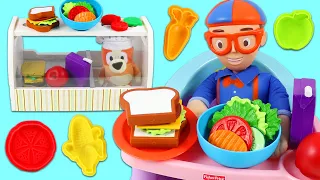 Blippi Pretend Cooking Huge Sandwich Lunch Meal Time from Bingo's Toy Kitchen Cafeteria!
