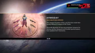 Destiny: The Taken King - "Armsday" Message (9/16/2015) New Weapons Arrive at Gunsmith Information