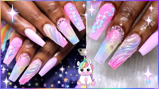 Acrylic Nails Tutorial | Coffin Nails | Pastel Unicorn Blanket Inspired Nail Art Design