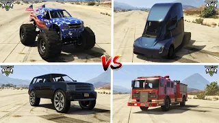 GTA 5 Monster Truck vs Tesla Truck vs Big Wheels Truck vs Fire Truck - Which is the best?