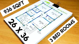 26 X 36 GHAR KA NAKSHA WITH 3 BED ROOMS II 26 X 36 HOUSE PLAN II 936 SQFT HOME DESIGN