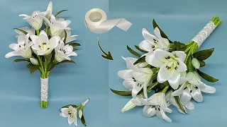 DIY | How To Make Lily Flower Bouquet From Satin Ribbon Easy | hand bouquet wedding tutorial