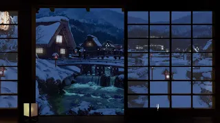 Sleepy River Sounds In a Snowy Japanese Village w Faraway Flute Playing Softly | Sleep, Study, Relax