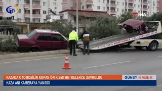 KAZADA OTOMOBİLİN KOPAN ÖN KISMI METRELERCE SAVRULDU