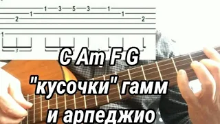 "Кусочки" гамм и арпеджио.   C Am F G. обыгрываем красиво! табы в описании.