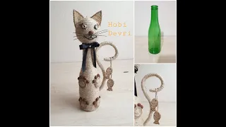 Diy Making Cat with Bottle and Jute Rope, Recyle İdea, Soda Şişesinden Kedi Yapılışı, Oyuncak Kedi