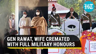 Watch: Daughters perform last rites of CDS Gen Bipin Rawat, wife Madhulika amid 17-gun salute