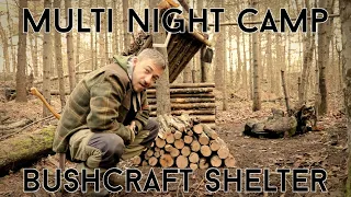 SOLO BUSHCRAFT CAMP - NATURAL SHELTER, MINIMAL GEAR - FROM BEGINNING TO END!  THE MOVIE