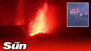 Buildings burn as lava continues to flow from La Palma volcano eruption