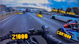 Modified Subaru STI with Twin Turbos Takes on Super Bikes|| CBR1000 || GSX-R1000 || Z1000 || Z900 ||