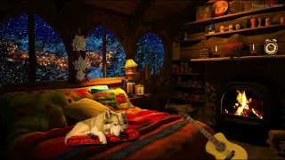 Relaxing Frosty Blizzard Sounds in a Cozy Winter Hut - 4k Fireplace. Mountain View Cozy Cottage.