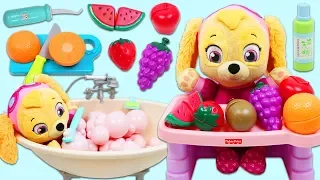 Paw Patrol Pup Baby Skye Morning Routine of Bath Time and Toy Fruit Breakfast!