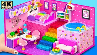 DIY Miniature House ❤️ How To Make Pink Unicorn House with Bunk Bed, Rainbow Stairs and Slime Pool