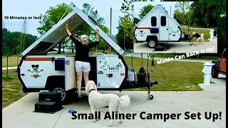 Aliner Scout Lite Camper, easy setup for camping trips.  This small camper is Lightweight pulls easy