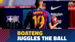Kevin-Prince Boateng touches the ball for the first time as a Barça player