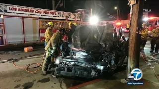 2 critically injured, trapped after pickup truck slams into LAFD ambulance in Pacoima