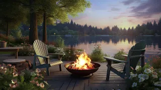 Soothing Sounds of Fireplace with Lakeside Forest Scene, Perfect for Relaxation and Unwinding