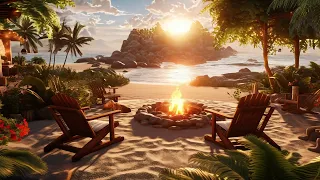 Cozy Morning Atmosphere on the Beach | Relaxing Ocean Waves, Campfire, Relaxing Birdsong