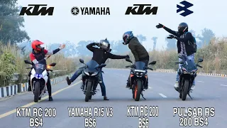 Ktm Rc200 Bs4 vs Ktm Rc200 Bs6 vs Bajaj Pulsar Rs200 vs Yamaha R15 V3 Bs6 | Quad Battle | Epic Race🤯