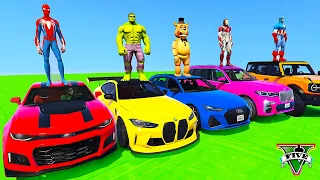 SPIDERMAN CARS STAIRS SEA Ramp JUMP Challenge ! SUPERHERO HULK IronMan Trevor and Friends - GTA V