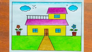 House Scenery Drawing / How to Draw a Simple House Step By Step / House Drawing Easy