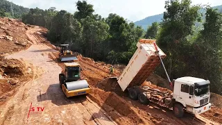 Astonishingly Cutting Logging New Road Foundation With Bulldozer in a Mountain Dozer Pushing Stone