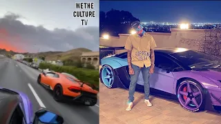 Chris Brown racing his new custom wrapped Lamborghini Aventador's