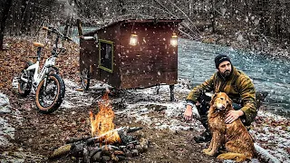 SNOWY NIGHT IN A BIKE CAMPER by a River!