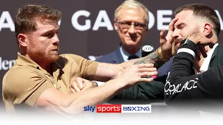 HEATED! Canelo Alvarez & Caleb Plant trade punches at pre-fight press conference 😡