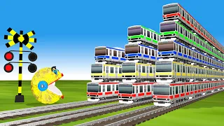 【踏切アニメ】あぶない電車 TRAIN Vs MS PACMAN Vs Nick and Tani 🚦踏切 Fumikiri 3D Railroad Crossing Animation Part 1