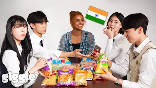 Korean Teens Try Indian Snacks with Indian K-POP Idol For the First Time! (Ft. Sriya of BLACK SWAN)