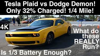 Dodge Demon vs 32% Charged Tesla Plaid! 1/4 Mile! What Do These Cars REALLY Run at Strip? In 4K UHD!