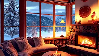 Winter Terrace with Cozy Outdoor Fireplace Ambience, Relaxing Wind & Snow Falling Ambience
