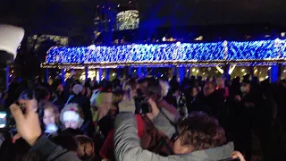 Boston Mayor Michelle Wu counts down the Trellis Christmas lighting at Christopher Columbus Park