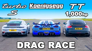 Koenigsegg v 1000hp Audi TT v Porsche 911 Turbo S: DRAG RACE