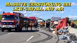 [MASSIVE ZERSTÖRUNG NACH LKW-UNFALL] - KLEINTRANSPORTER VON 40-TONNER ABGEDRÄNGT - | FEUERWEHR | A6