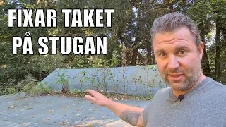 Inspekterar taket på stugan