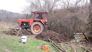 Fallen wood in the stream cut with a chainsaw a pulled out with a tractor. Lemn căzut în pârâu.