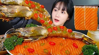 ASMR MUKBANG | ✨Soy Sauce Marinated Giant Tiger Shrimp + Soy Sauce Salmon🧡 | eating