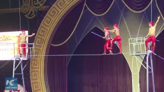 Stunts on tightrope: Fascinating acrobatic show staged in C China