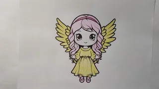 Complete the coloring picture of a female angel with golden wings behind her back